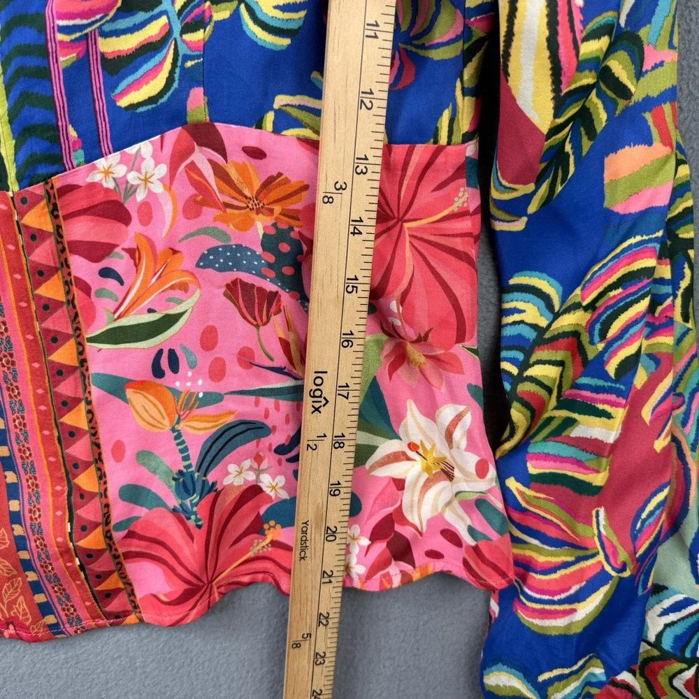 Farm Rio for Anthropologie Mixed Tropical Scarf Print Ruched Blouse Size M